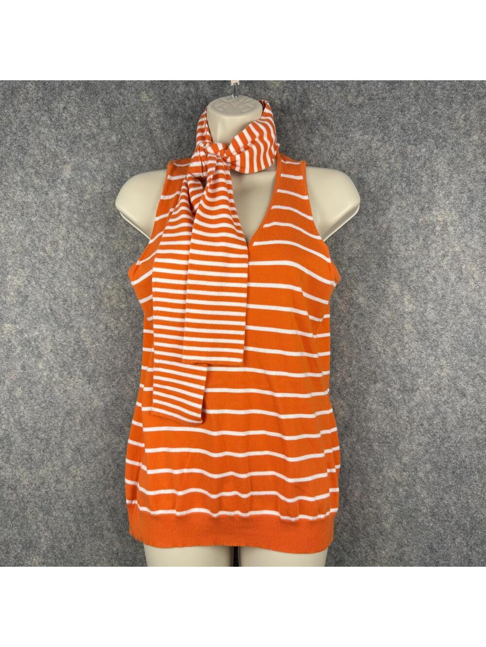 Lauren Ralph Lauren Sleeveless Sweater Tie Neck Orange White Stripe Medium 449